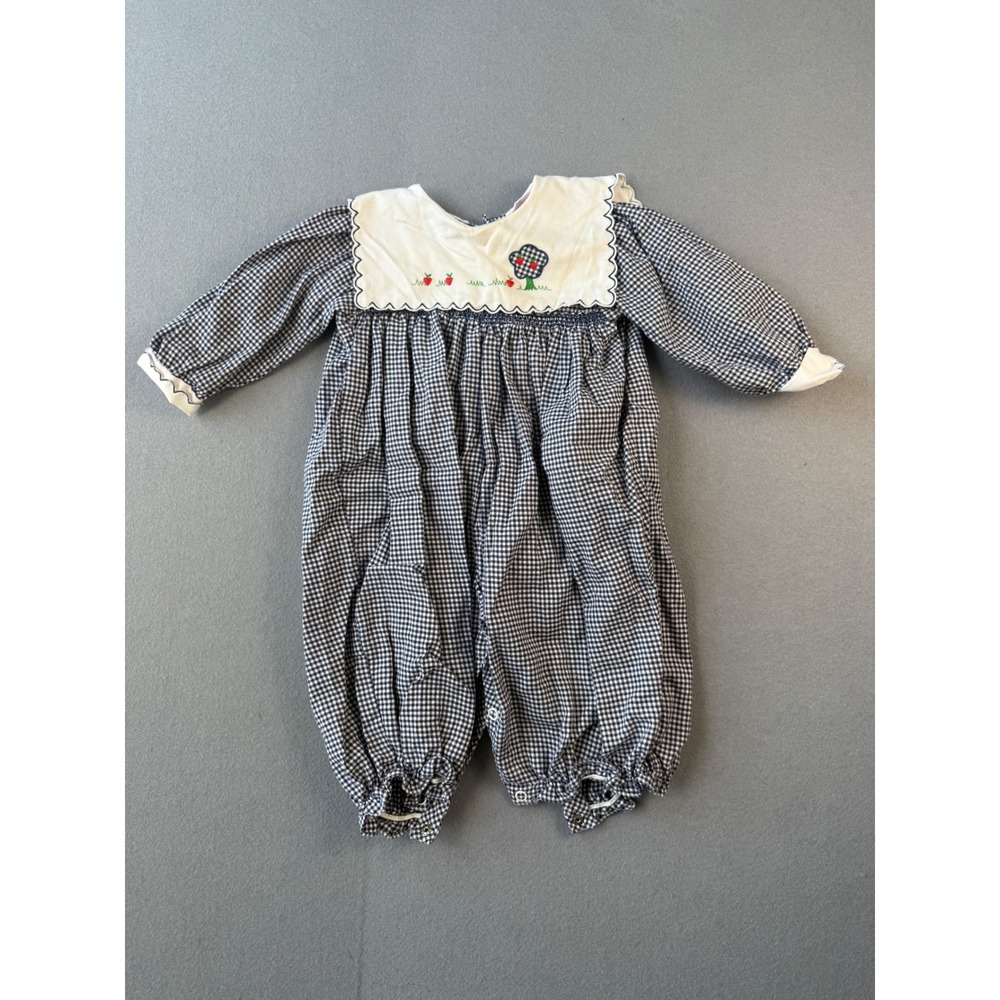 Vintage Carters Navy Gingham Romper Embroidered Bib Collar 9M USA Tag
